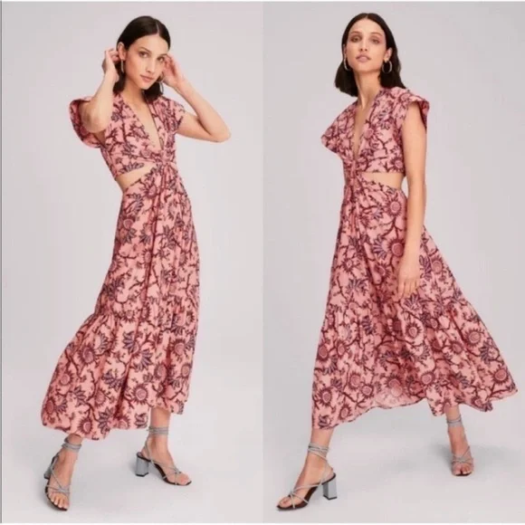 A.L.C. Alexandria Cotton Dress Salmon Red Floral Carlinal Print in Size 6 - Picture 1 of 13